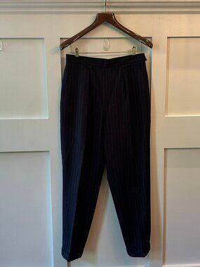 ✨Vintage Lauren Ralph Lauren Navy Pinstripe Lined Wool Trousers Pleated Pants 14